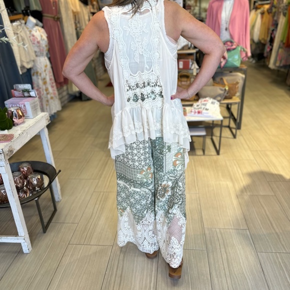 MISS ME Womens Flowy Lace Mix Pants Size S,M,L Muted Green Cream Pull O… - Picture 4 of 6